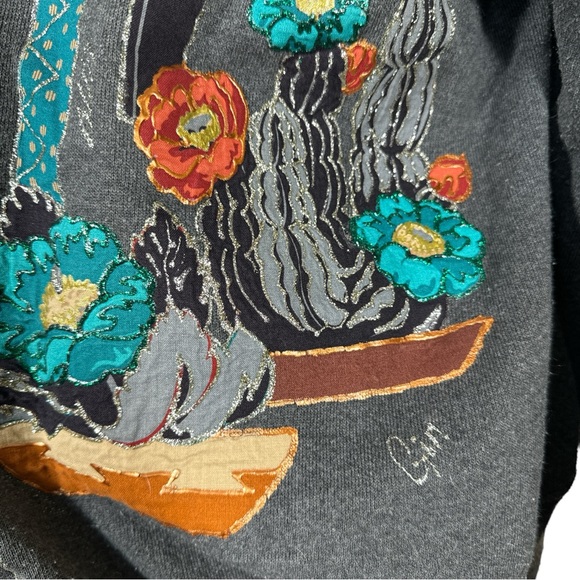 VTG Hand Painted Appliqué Southwest Pottery Aztec Wearable Art Sweatshirt Signed - Picture 3 of 9